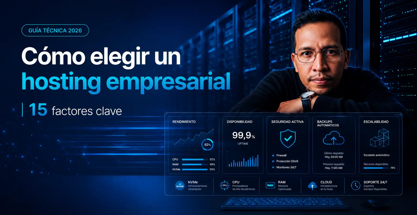 Infografía con factores técnicos para elegir un hosting empresarial